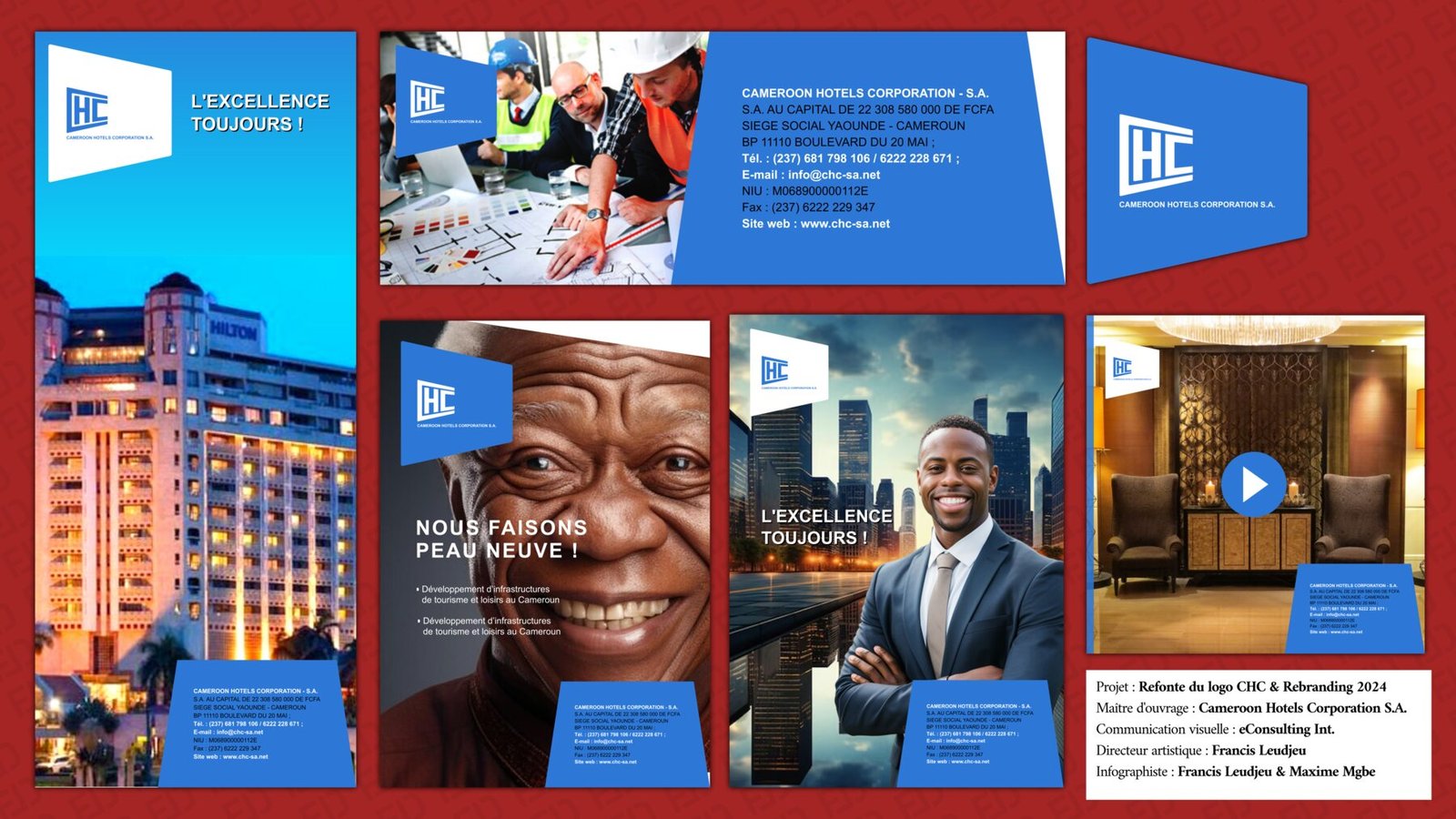 Planche de l'identité visuelle de Cameroon Hotels Corporation : logo HC, couverture, bandeaux et affiches.